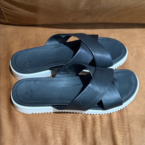 {preloved} Women’s UGG Black Leather Cross-Strap Slide Sandals - Picture 2 of 13